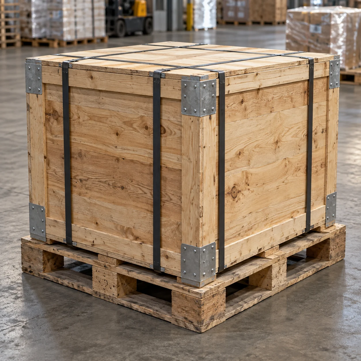 Illustrative banded wooden shipping crate on a pallet