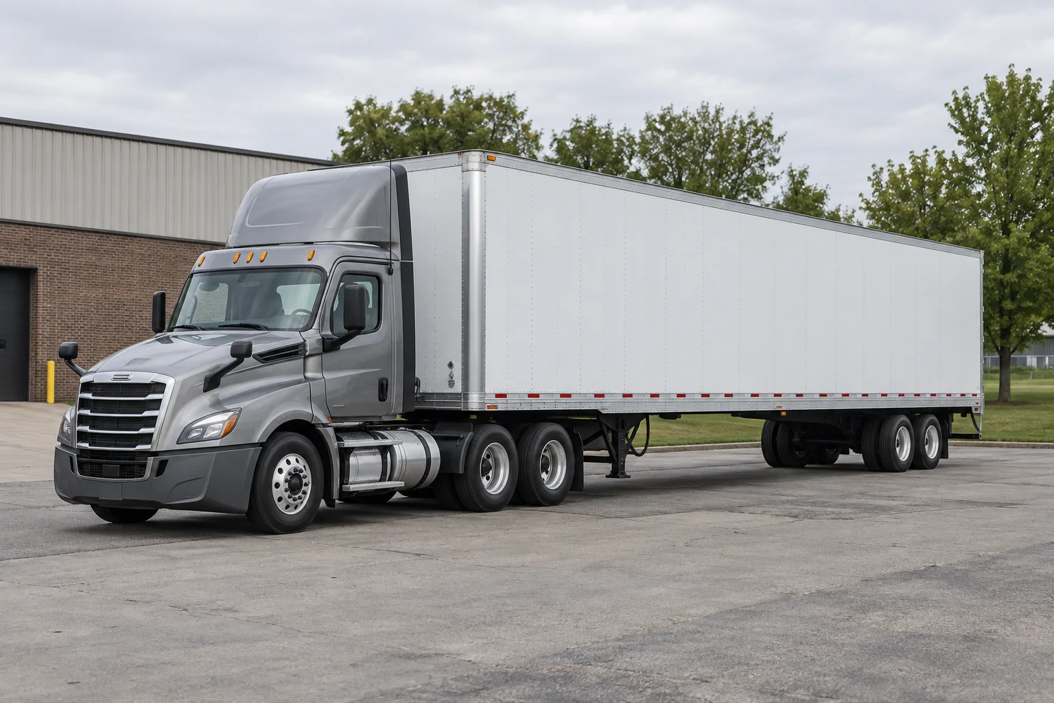 Illustrative tractor-trailer beside an industrial warehouse in an Iowa-style setting