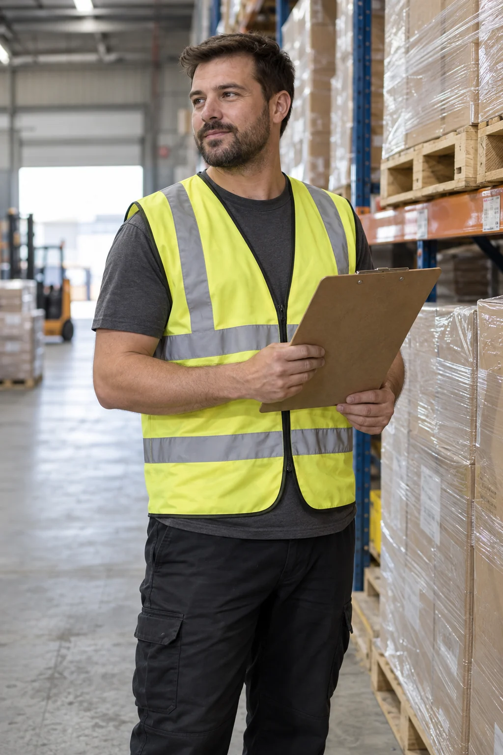 Illustrative warehouse worker checking a clipboard beside stored pallets