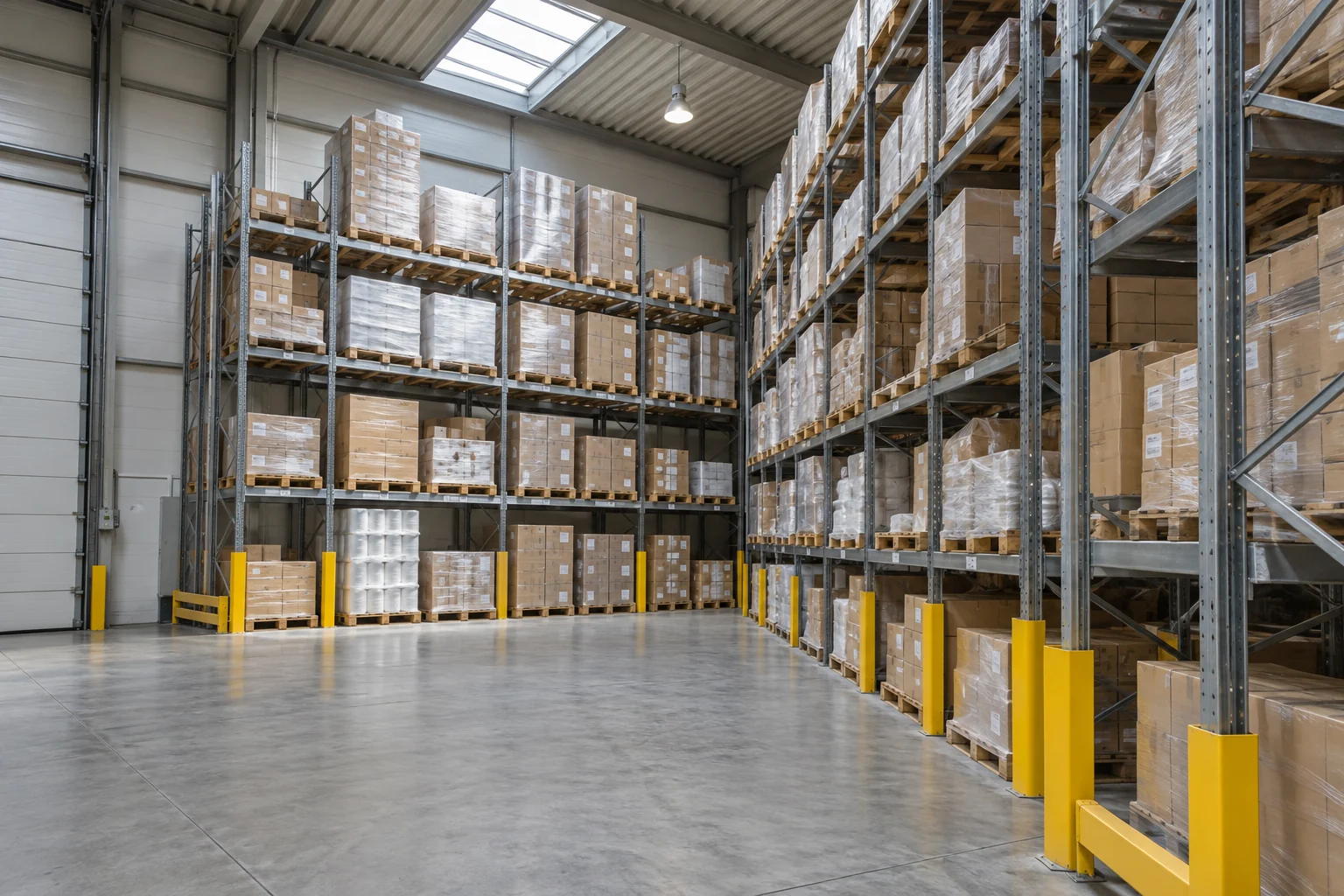 Illustrative warehouse storage racks with wrapped pallets and yellow protective posts